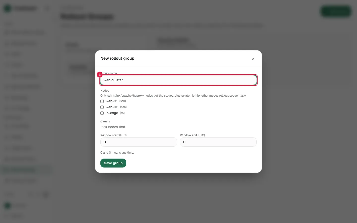 Fill Group name with "web-cluster"